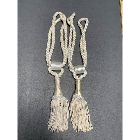 Vintage Ivory Curtain Tie Backs Pair with Tassels 17" Long Decorative Rope Holdb - Picture 8 of 13